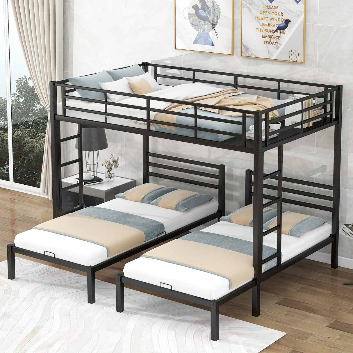 Full over Twin&Twin Size Bunk Bed with Built-in Shelf, Black - Home Elegance USA