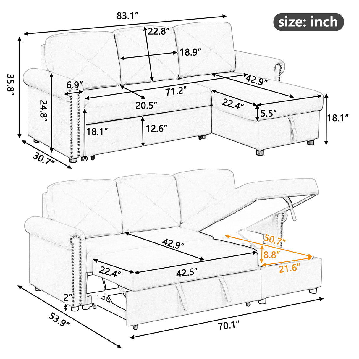 83" Modern Convertible Sleeper Sofa Bed with Storage Chaise,Beige(Old Sku:SG000344AAA) | Home Elegance USA