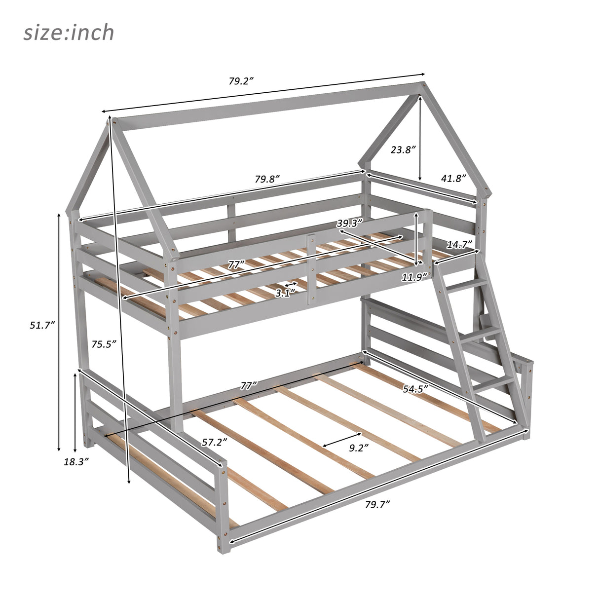 Twin over Full House Bunk Bed with Built-in Ladder,Gray - Home Elegance USA