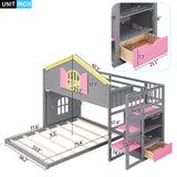 Twin over Full House Bunk Bed with Pink Staircase and Drawer,  Shelves Under the Staircase, House Shaped Bed with Windows, Gray - Home Elegance USA