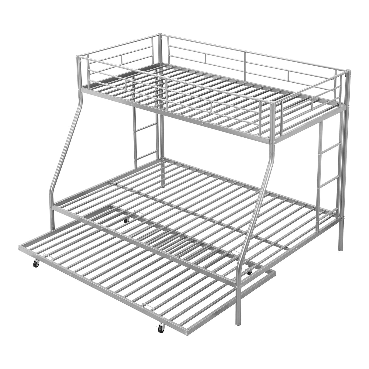 Twin over Full Bed with Sturdy Steel Frame, Bunk Bed with Twin Size Trundle, Two-Side Ladders, Silver