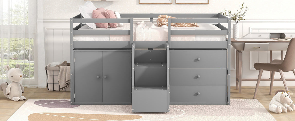 Full Size Functional Loft Bed with Cabinets and Drawers, Hanging Clothes at the back of the Staircase, Gray - Home Elegance USA