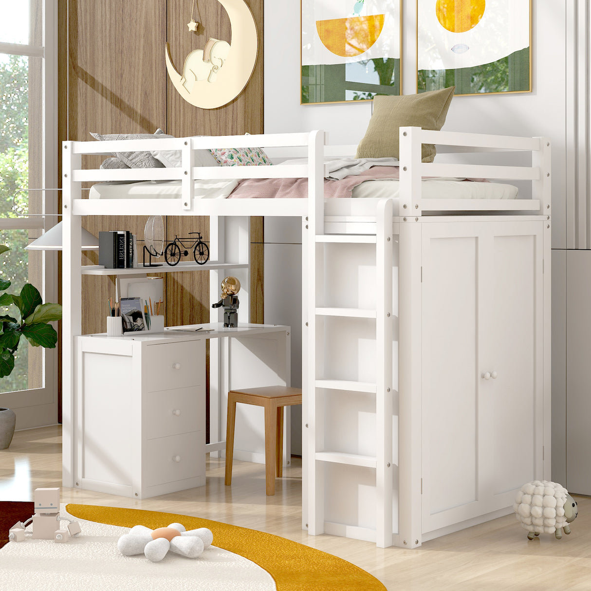Twin size Loft Bed with Drawers,Desk,and Wardrobe-White - Home Elegance USA