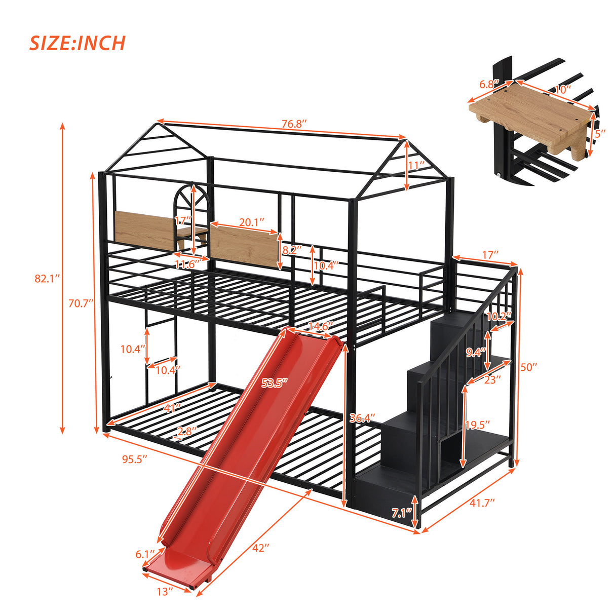 Twin Over Twin Metal Bunk Bed ,Metal Housebed with Slide and Storage Stair,Black with Red Slide(OLD SKU:LP000195AAJ) - Home Elegance USA