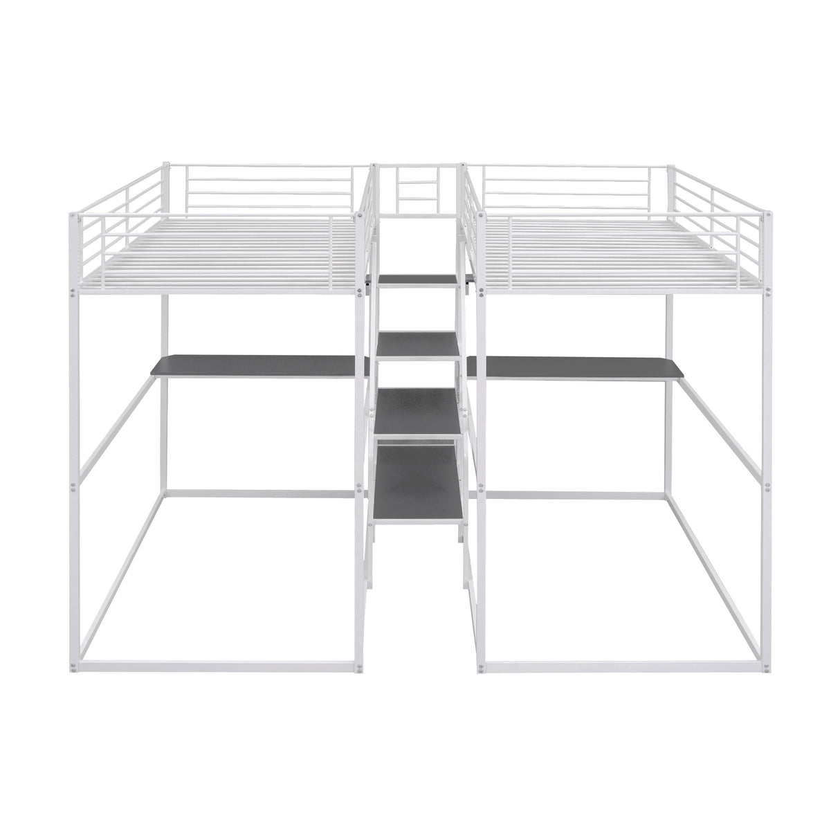 Double Twin over Twin Metal Bunk Bed with Desk, Shelves and Storage Staircase, White - Home Elegance USA