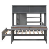 Full size Loft Bed with a twin size Stand-alone bed, Shelves,Desk,and Wardrobe-Gray - Home Elegance USA