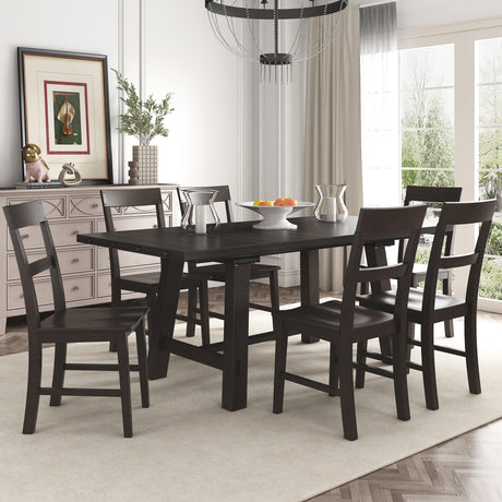 TREXM Retro Industrial Style 7-Piece Dining Table Set Extendable Table with 18” Leaf and Six Wood Chairs 
(Espresso) - Home Elegance USA
