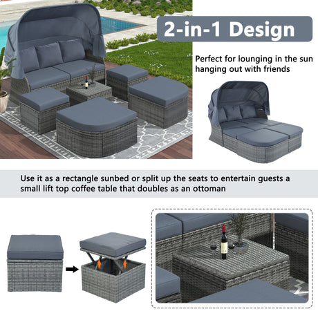 U_STYLE Outdoor Patio Furniture Set Daybed Sunbed with Retractable Canopy Conversation Set Wicker Furniture （As same as WY000281AAE）