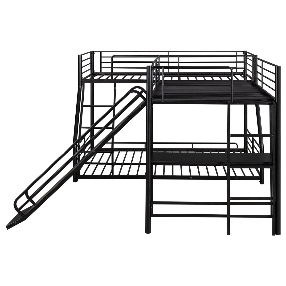 L-Shaped Twin over Full Bunk Bed with Twin Size Loft Bed,Built-in Desk and Slide,Black - Home Elegance USA