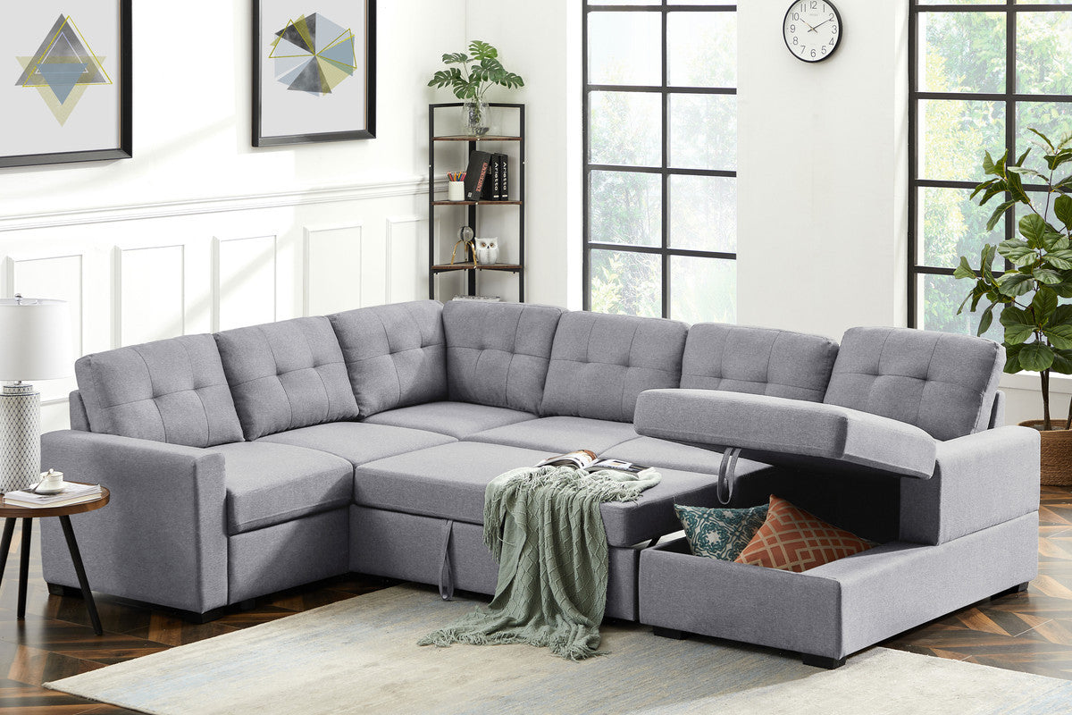 Selene Light Gray Linen Fabric Sleeper Sectional Sofa with Storage Chaise - Home Elegance USA