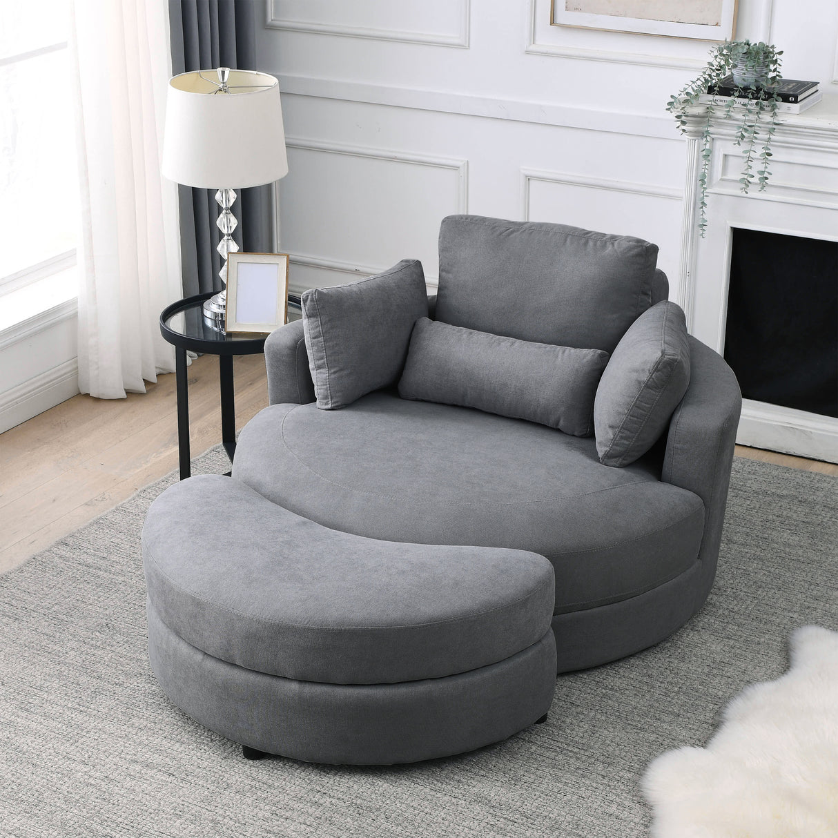 [Video] Welike Swivel Accent Barrel Modern Dark Grey Sofa Lounge Club Big Round Chair with Storage Ottoman Linen Fabric for Living Room Hotel with Pillows Home Elegance USA