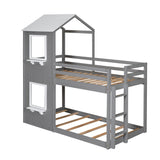 Twin Over Twin Bunk Bed Wood Bed with Roof, Window, Guardrail, Ladder (White) - Home Elegance USA