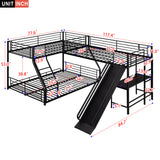 L-Shaped Twin over Full Bunk Bed with Twin Size Loft Bed,Built-in Desk and Slide,Black - Home Elegance USA