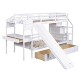 Twin over Twin Bunk Bed with Storage Staircase, Slide and Drawers, Desk with Drawers and Shelves, White - Home Elegance USA