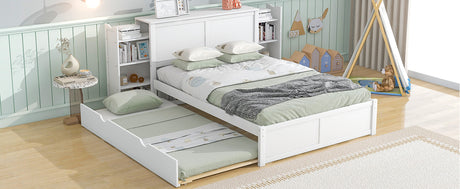 Full Size Storage Platform Bed with Pull Out Shelves and Twin Size Trundle, White - Home Elegance USA