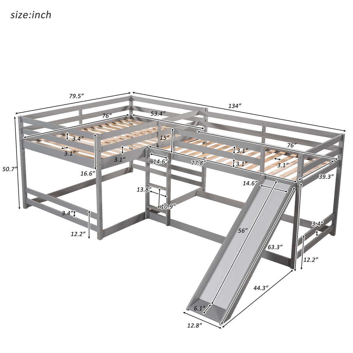 Full and Twin Size L-Shaped Bunk Bed with Slide and Short Ladder,Gray - Home Elegance USA