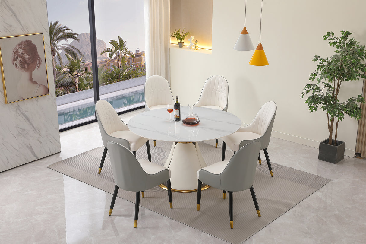 53“ Modern sintered stone round dining table with stainless steel base with 6 pcs chairs - Home Elegance USA