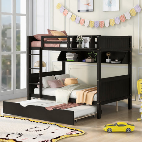 Full-Over-Full Bunk Bed with Twin size Trundle , Separable Bunk Bed with Bookshelf for Bedroom-Espresso - Home Elegance USA