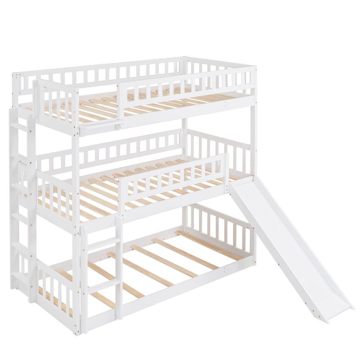 Twin-Over-Twin-Over-Twin Triple Bed with Built-in Ladder and Slide, Triple Bunk Bed with Guardrails, White(OLD SKU: LP000051AAK) - Home Elegance USA