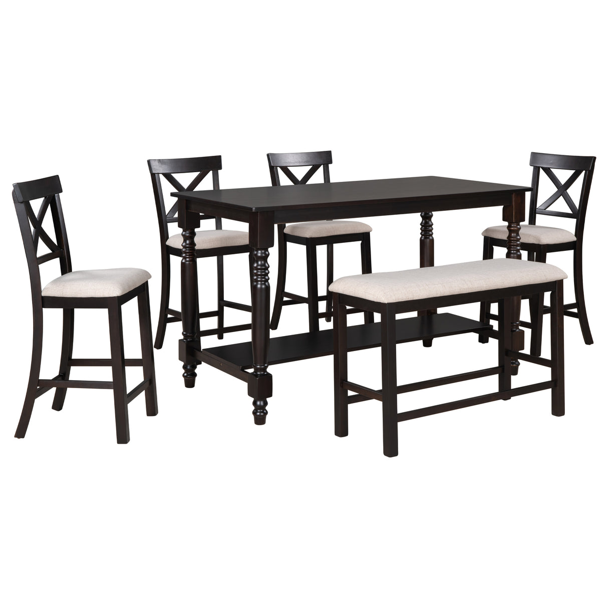 TREXM 6-Piece Counter Height Dining Table Set Table with Shelf 4 Chairs and Bench for Dining Room (Espresso) - Home Elegance USA