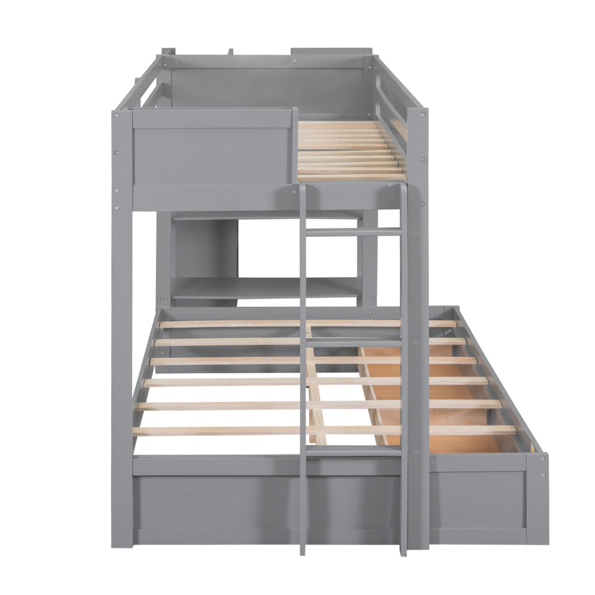 Wood Twin over Full Bunk Bed with Drawers, Shelves, Cabinets, L-shaped Desk and Magazine Holder, Gray - Home Elegance USA