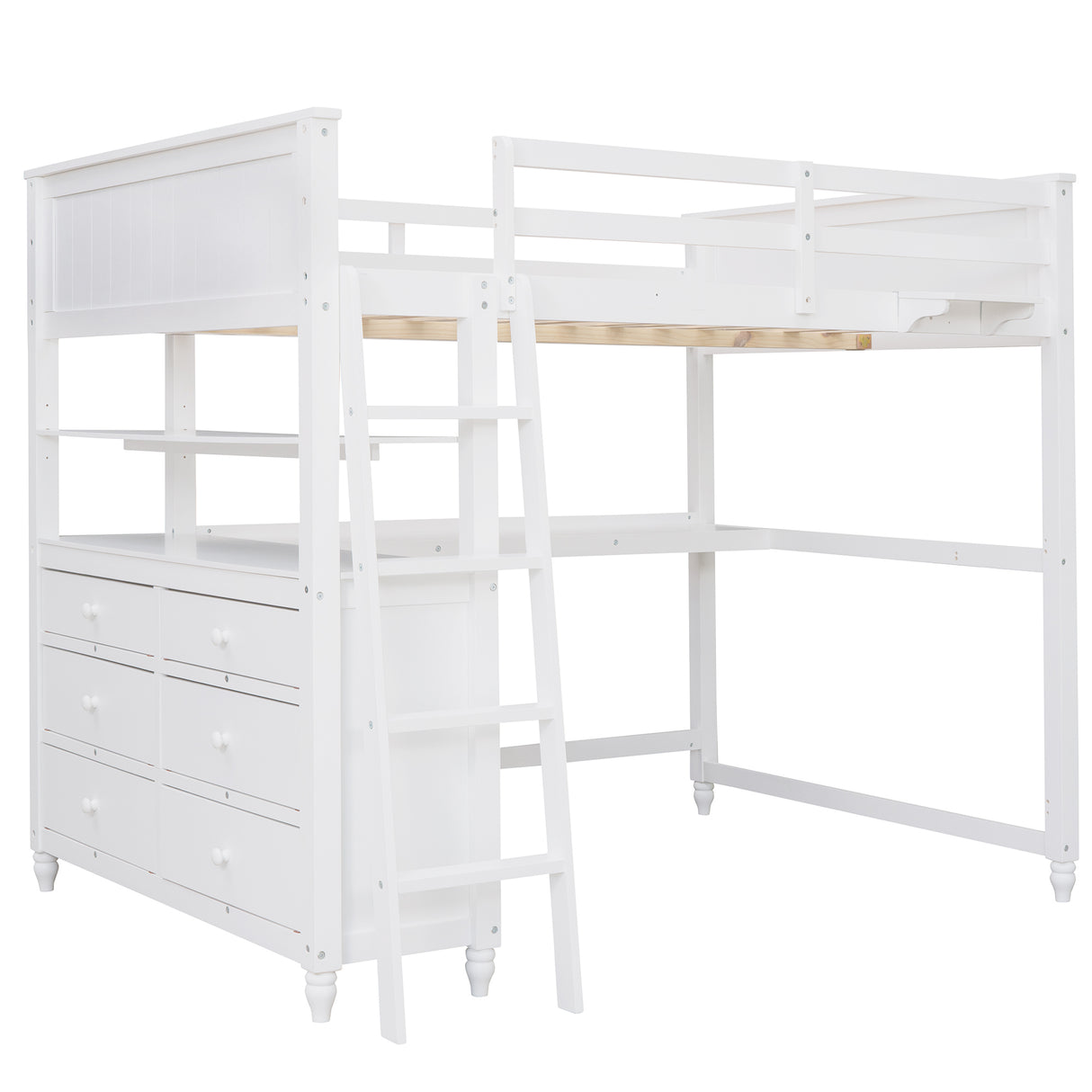 Full size Loft Bed with Drawers and Desk, Wooden Loft Bed with Shelves - White(OLD SKU:LT000529AAK) Home Elegance USA