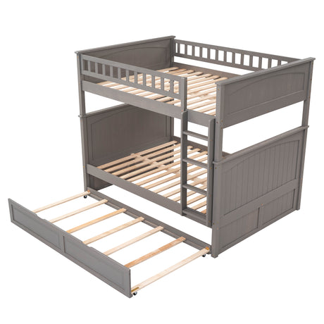 Full Over Full Bunk Bed with Twin Size Trundle, Pine Wood Bunk Bed with Guardrails, Brushed Gray(Old SKU：LP000044AAN)