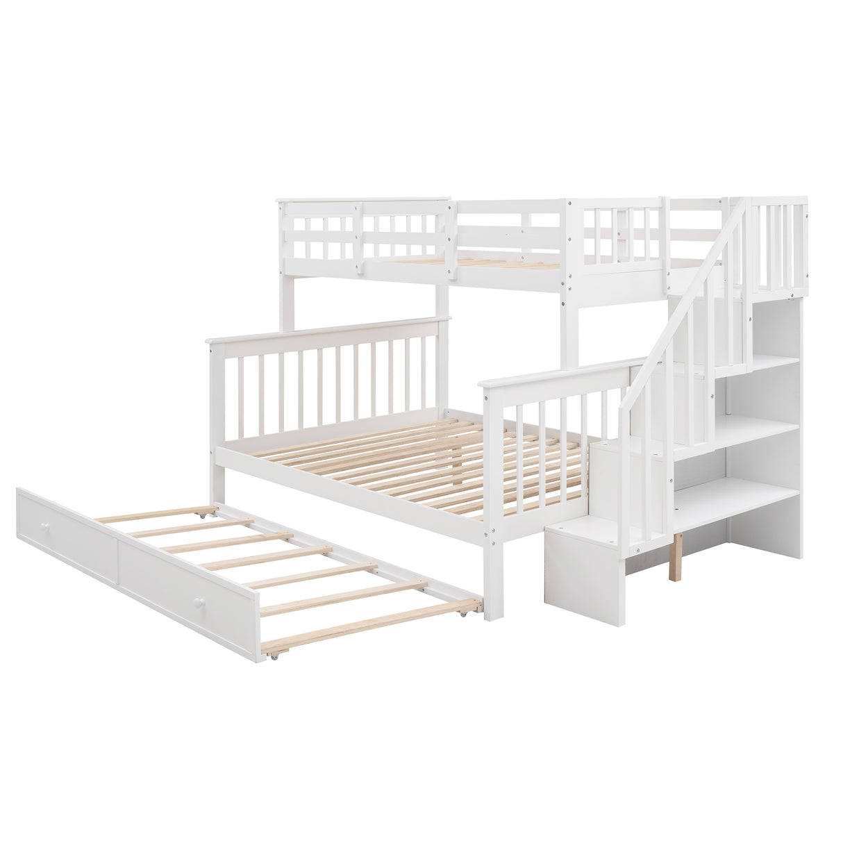 Stairway Twin-Over-Full Bunk Bed with Twin size Trundle, Storage and Guard Rail for Bedroom, Dorm, for Adults, White(OLD SKU :LP000119AAK) - Home Elegance USA