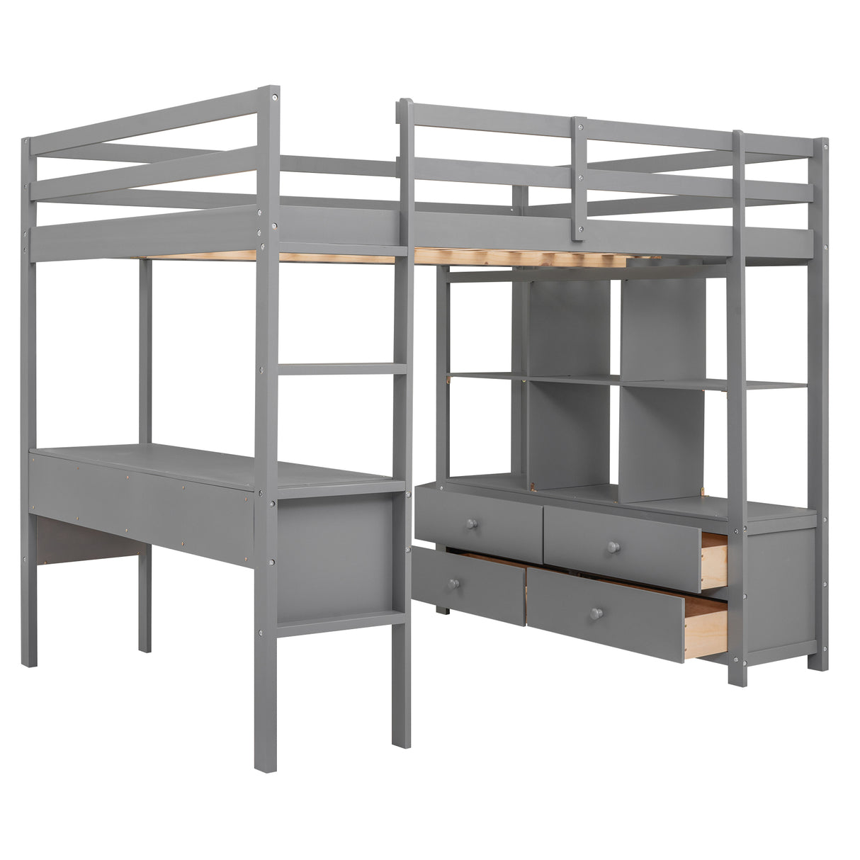 Full Size Loft Bed with Built-in Desk with Two Drawers, and Storage Shelves and Drawers,Gray - Home Elegance USA