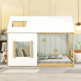 Full Size House Bed with Roof and Window - White+Natural - Home Elegance USA