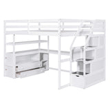 Full Size Loft Bed with Desk and Shelves, Two Built-in Drawers, Storage Staircase, White