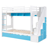 Twin Over Twin Bunk Bed with Trundle ,Stairs,Ladders Solid Wood Bunk bed with Storage Cabinet （White + Blue） - Home Elegance USA