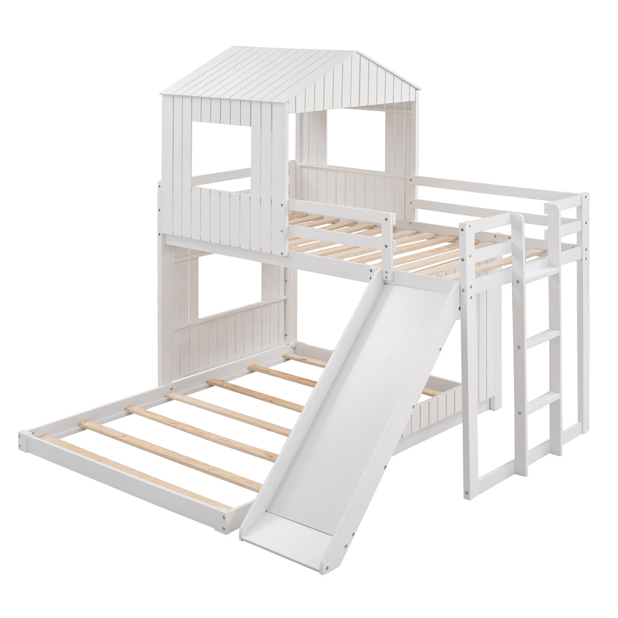Wooden Twin Over Full Bunk Bed, Loft Bed with Playhouse, Farmhouse, Ladder, Slide and Guardrails, White(OLD SKU :LT000028AAK) - Home Elegance USA