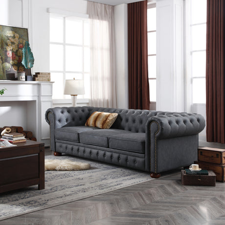 Classic Chesterfield Sofa Dark Grey Faux Leather - Home Elegance USA