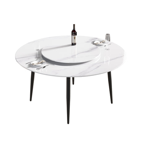 59.05"Modern artificial stone round black metal dining table - can accommodate 6 people - 31.5"white artificial stone turntable - W1535S00011 - image - 3