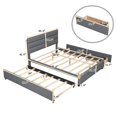 Queen Upholstered Platform Bed with Twin Size Trundle and Two Drawers,Grey - Home Elegance USA