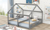 Twin Size House Platform Beds,Two Shared Beds, Gray - Home Elegance USA