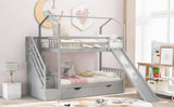 Twin over Twin House Bunk Bed with Two Drawers and Slide,Storage Staircase,Gray - Home Elegance USA