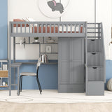 Twin size Loft Bed with Bookshelf,Drawers,Desk,and Wardrobe-Gray - Home Elegance USA