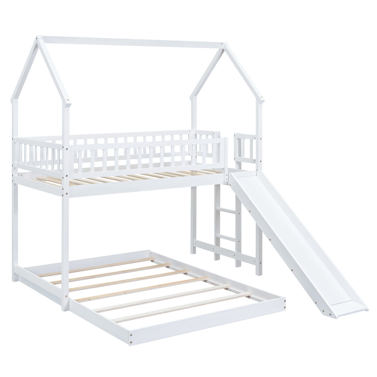 Twin over Full House Bunk Bed with Slide and Built-in Ladder, Full-Length Guardrail, White (Expected Arrival Time:8.10) - Home Elegance USA