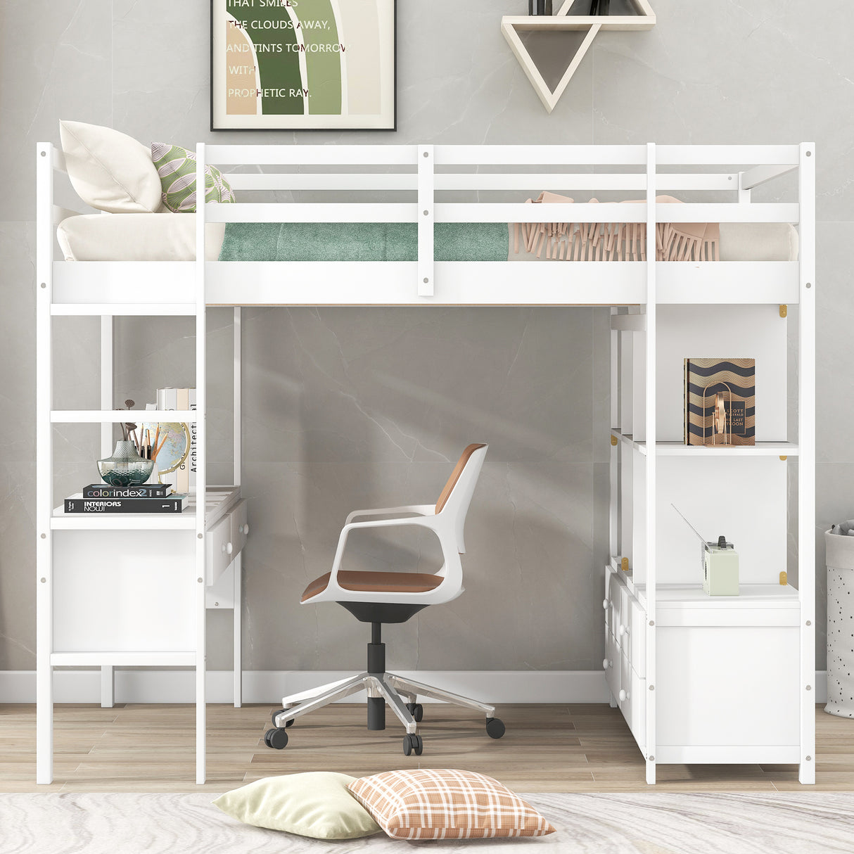 Full Size Loft Bed with Built-in Desk with Two Drawers, and Storage Shelves and Drawers,White - Home Elegance USA