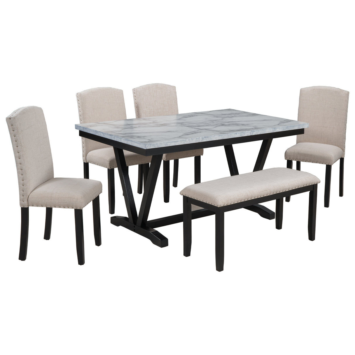 TREXM Modern Style 6-piece Dining Table with 4 Chairs & 1 Bench, Table with Marbled Veneers Tabletop and V-shaped Table Legs (White) - Home Elegance USA