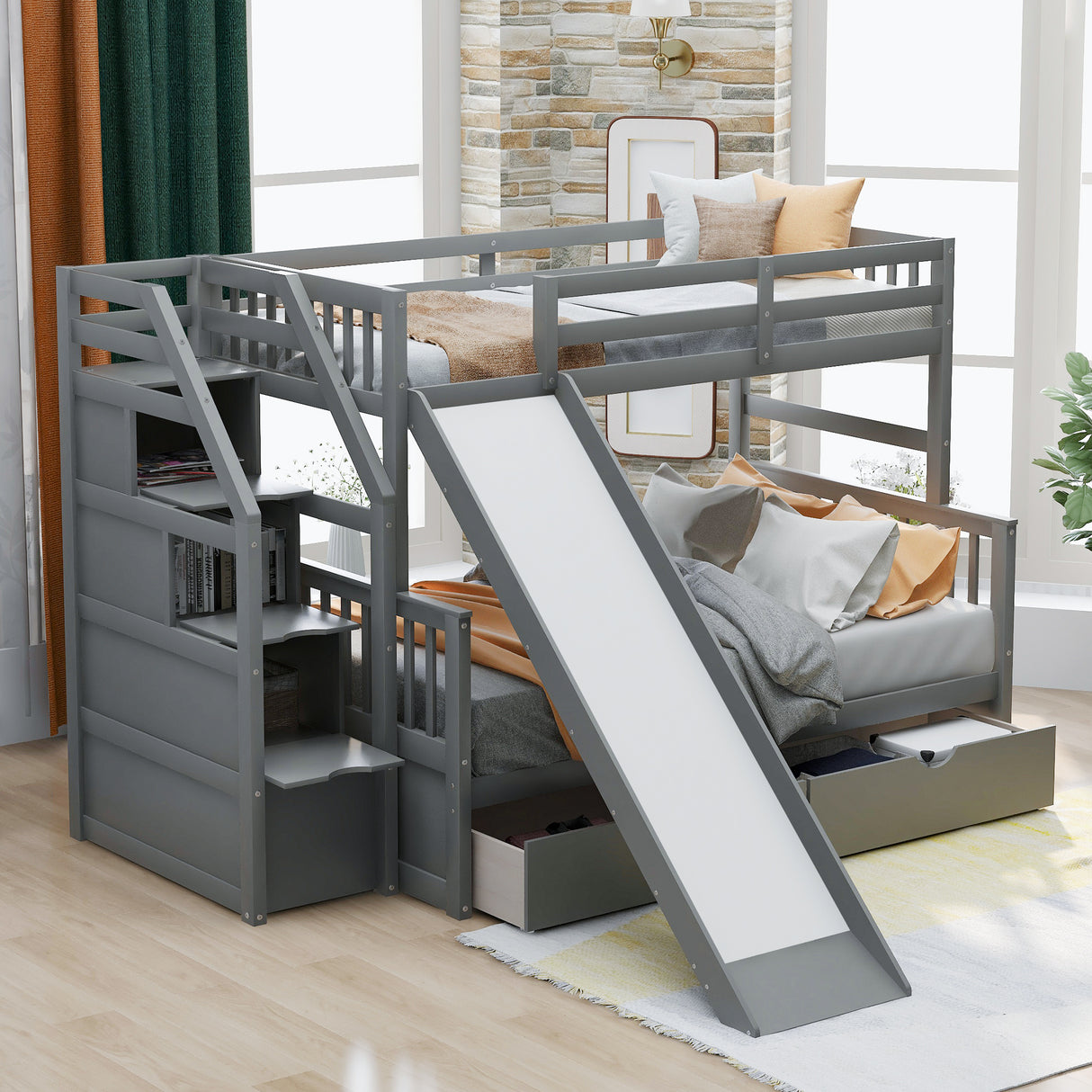 Twin over Full Bunk Bed with Drawers,Storage and Slide, Multifunction, Gray - Home Elegance USA