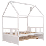 Full size Wooden House Bed with Trundle and 3 Storage Drawers-White - Home Elegance USA