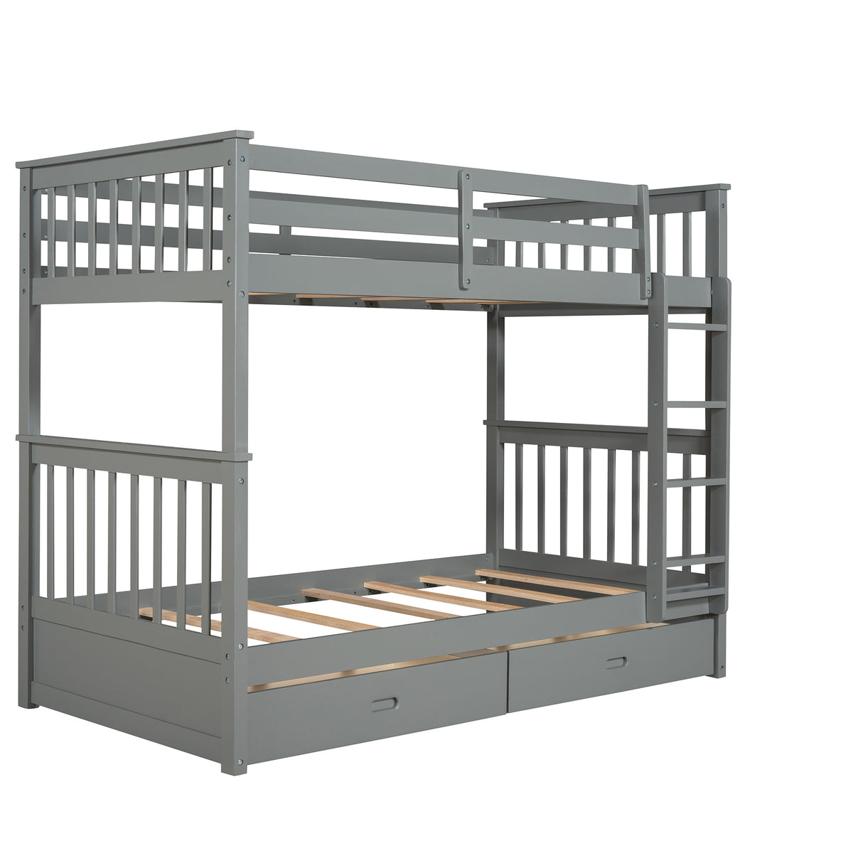 Twin-Over-Twin Bunk Bed with Ladders and Two Storage Drawers (Gray) - Home Elegance USA