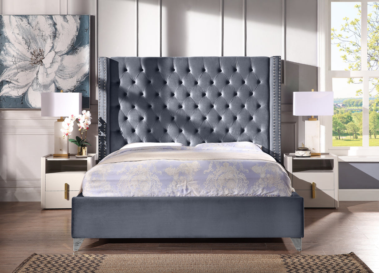 Contemporary Velvet Upholstered Bed with Deep Button Tufting, Solid Wood Frame, High-density Foam, Silver Metal Leg, Queen Size - Home Elegance USA