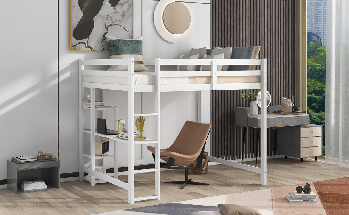 Full Size Loft Bed with Built-in Desk and Shelves,White - Home Elegance USA