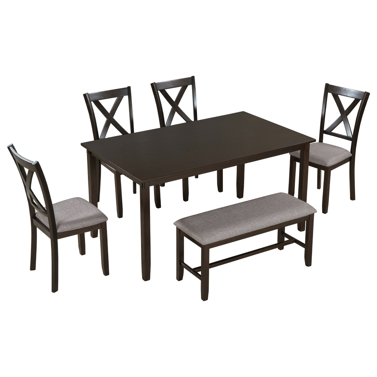 TREXM 6-Piece Kitchen Dining Table Set Wooden Rectangular Dining Table, 4 Fabric Chairs and Bench Family Furniture (Espresso) - Home Elegance USA