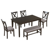 TREXM 6-Piece Kitchen Dining Table Set Wooden Rectangular Dining Table, 4 Fabric Chairs and Bench Family Furniture (Espresso) - Home Elegance USA