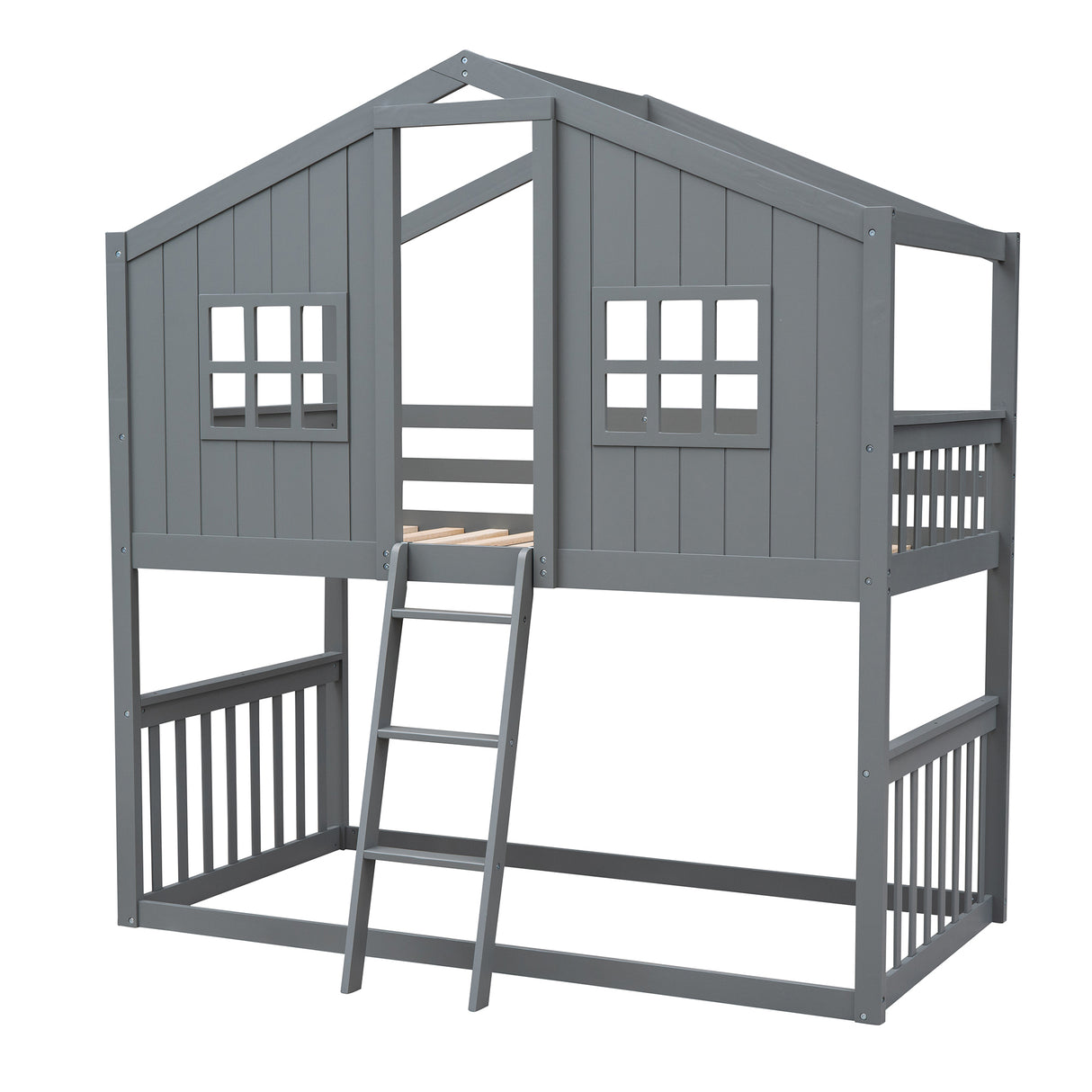 Twin Over Twin House Bunk Bed With Ladder, Wood Bed-Gray - Home Elegance USA